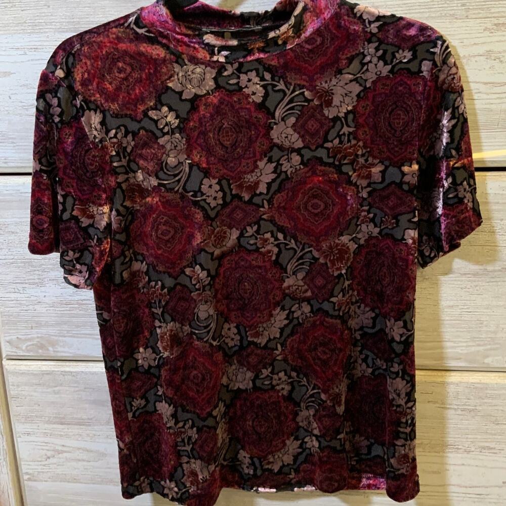 Vintage Dress Barn Velvet Burnout Mock Neck Top Small Multicolor Stained Glass